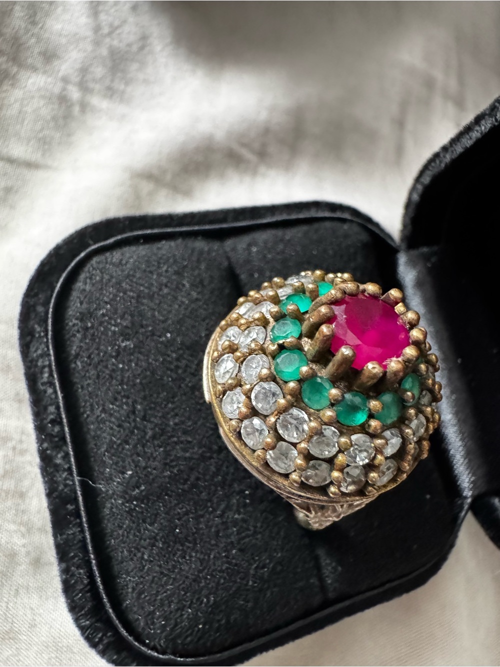 Vintage-Inspired 925 Sterling Silver Pink & Green Gemstone Cocktail Ring